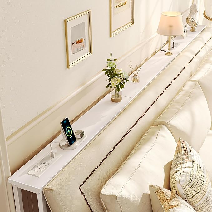 SUPERJARE Sofa Table with 2 Power Outlets and USB-C Ports, 5.9 Inch Narrow Console Table with Storage, Extra-Long, for Entryway Hallway Couch Behind Sofa, Small Spaces, White,102.3 Inch