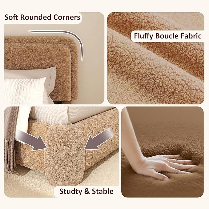 Queen Boucle Platform Bed Frame with Height Adjustable Headboard, Modern Upholstered Cloud Bed, Sleek Curved Design, No Box Spring Needed, Easy Assembly, Noise Free, Camel