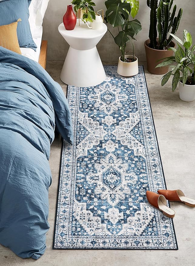 Moynesa Ultra-Thin Washable Runner Rug - 2x6 Blue Laundry Room Rug Washable Kitchen Runners Bathroom Carpet Runner, Oriental Printed Pet Friendly Hallway Runners for Bedroom Entrance Entryway RV