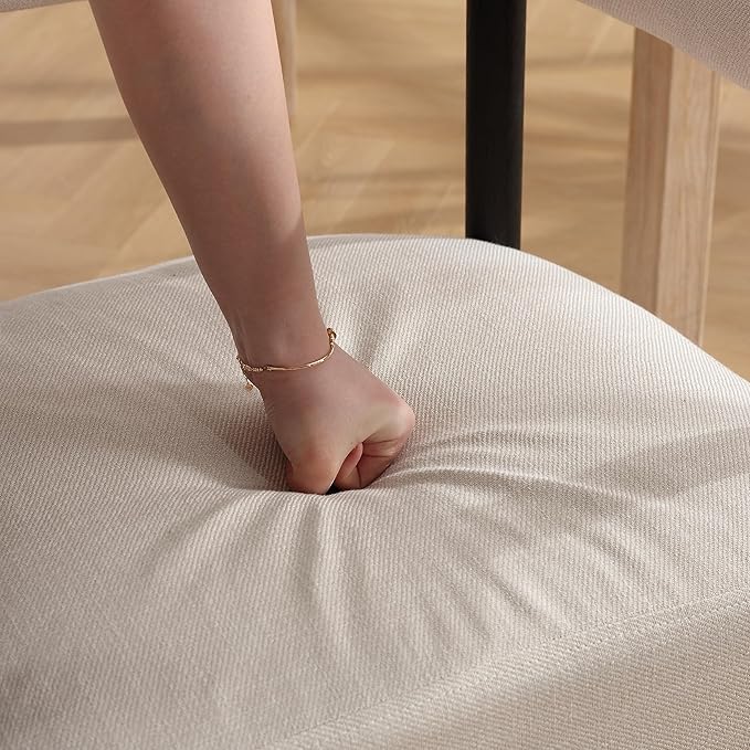 Beige Linen Dining Chairs Set of 4, Modern Upholstered Curved Backrest Kitchen Dining Room Chairs Accent Armchairs with Black Wood Legs