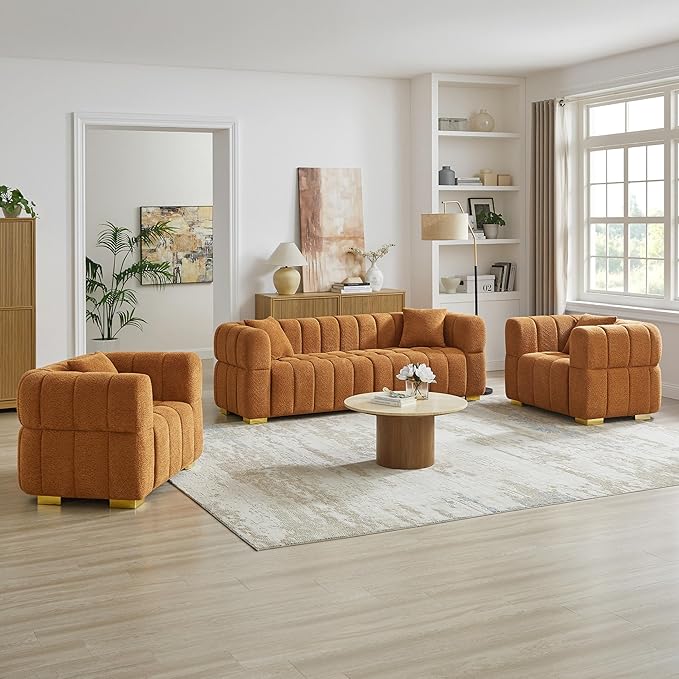 VANOMi Sofa and Chair Set, Modern Deep Seat Couch & Boucle Sofa Chairs, Oversized Upholstered Couch Sets for Living Room, Bedroom, Office, Apartment, Curry (3 Pieces)