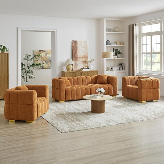VANOMi Sofa and Chair Set, Modern Deep Seat Couch & Boucle Sofa Chairs, Oversized Upholstered Couch Sets for Living Room, Bedroom, Office, Apartment, Curry (3 Pieces)