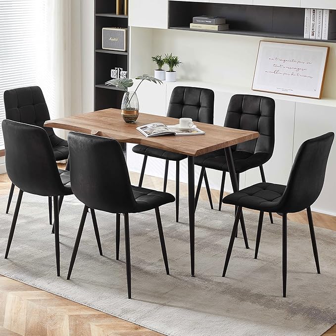NORDICANA Dining Chairs Set of 6, Modern Black Velvet Kitchen Chairs for 6 Person, Armless Chairs Upholstered Cushion Seat, Metal Legs