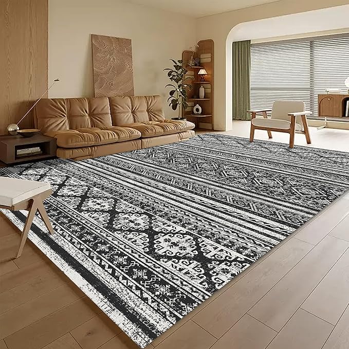RUGSURE Washable Area Rugs 5' x 7' - 1/6 Thick - Moroccan-Inspired -Stain & Water Resistant Non-Slip - Resistant Rug for Living Room, Bedroom, Nursery, Pet & Child Friendly (Black)