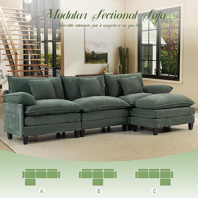 Modular Sectional Sofa, Comfy Cloud Couch with Movable Ottoman, Deep Seat Couches for Living Room, Bedroom and Apartment, 106" L Shaped Modern Sofa with Pillows, Green