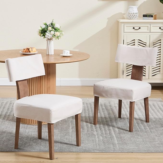 Linen Dining Chairs Set of 2 with Seat Covers, Modern Dining Chairs with Wood Legs, Farmhouse Fabric Upholstered Dining Room Kitchen Side Chairs, Beige