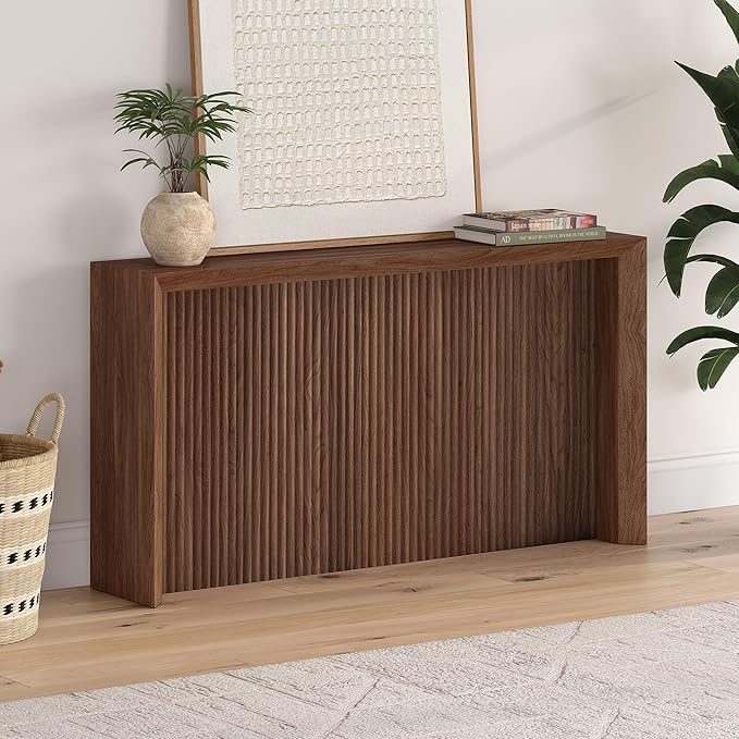 Henn&Hart 56'' Wooden Rectangular Fluted Console Table Entryway Table, Sofa Table for Entryway, Living Room, Couch, Hallway, or Office, Satin Walnut