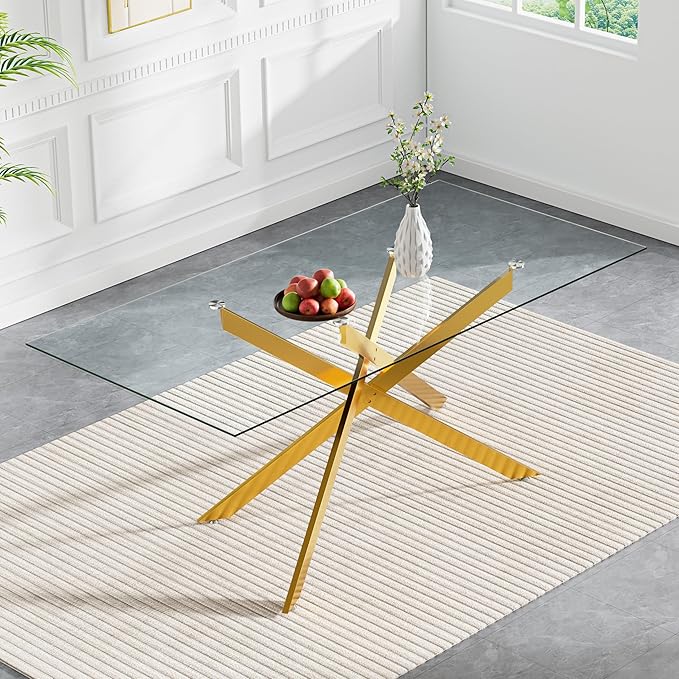 60" Rectangular Glass Dining Room Table for 6 with Tempered Glass Top and Gold Metal Legs, Modern Clear Kitchen and Dinner Table for Home Office Dining Room