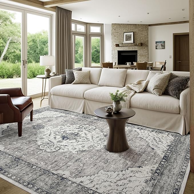 Deerly 5x8 Rugs for Bedroom Living Room - Machine Washable Rugs Large Non-Slip Family & Pet Friendly Area Rugs Carpet Oriental Neutral Print Floor Rug Border Grey/Navy