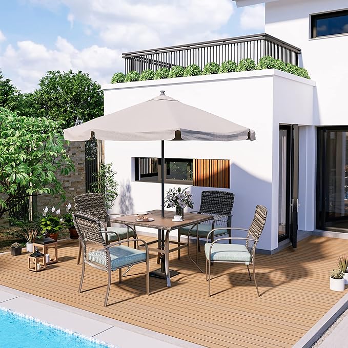 Pamapic 5 Piece Patio Dining Set, Green, Weather Resistant PE Rattan Table and Chairs, Comfortable Cushions, Easy Maintenance