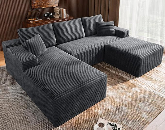 3-Piece Boneless Modular Sectional Sofa, Cloud Couch, Left Facing Chaise with Ottoman, Oversized Deep Seat, Soft Corduroy Fabric, Sectional Couch for Living Room-Grey