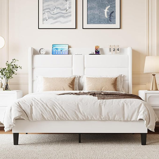SHA CERLIN Full Size Bed Frame with Charging Station & Storage Headboard, Velvet Platform Bed with Upholstered Modern Wingback Design, Wooden Slats Support, No Box Spring Needed, Easy Assembly, White