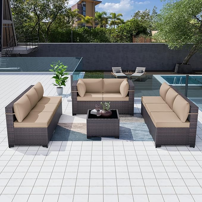 Kurapika 9 Pieces Patio Furniture Set, Rattan Wicker Outdoor Conversation Sets w/4 Inch Cushion and Glass Coffee Table(Sand)