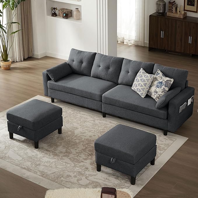 101" Convertible Sectional Sofa, Modern Linen Fabric U-Shaped Couch with 2 Storage Ottomans and Storage Pocket, 4 Seat Sofa Couches for Living Room, Apartment, Office, Darkgrey