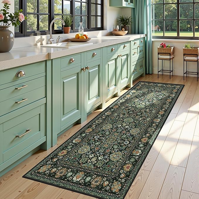 3x7 Runner Rugs for Hallway Non-Slip Hallway Runner Rug with Rubber Backing Washable Rug Runner for Kitchen Bedroom Vintage Distressed Carpet(Vintage Dark Green