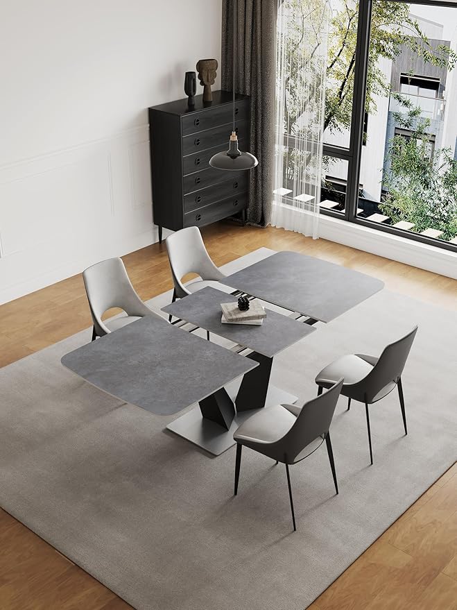 79" Modern Dining Table for 6-8 People, Gray Extendable Sintered Stone Top with V-Shaped Carbon Steel Base for Dining Rooms (1Table+4Chairs)