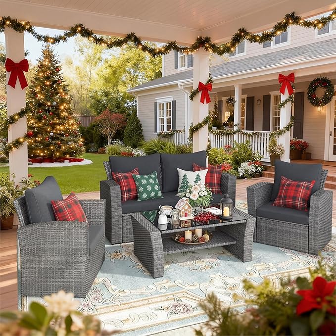 Wisteria Lane 4 Piece Patio Furniture Set, Wicker Outdoor Patio Conversation Furniture Set, All Weather Outdoor Patio Sofa with Cushion and Glass Table, Dark Grey