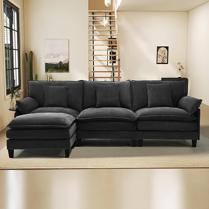 Modular Sectional Sofa, Comfy Cloud Couch with Movable Ottoman, Deep Seat Couches for Living Room, Bedroom and Apartment, 106" L Shaped Modern Sofa with Pillows, Black