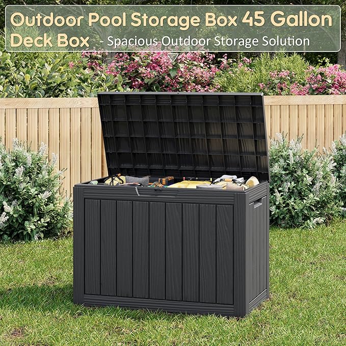 45 Gallon Outdoor Storage Box, Resin Deck Boxes Outdoor Waterproof For Patio Furniture, Garden Tools, Pool Supplies, Durable And UV Resistant, Lockabl