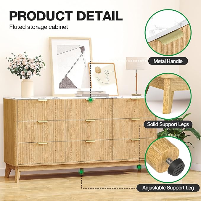 57" Wide Storage Cabinet, Fluted Chest of Drawers with Curved Edges, Wooden Buffet Cabinet with 9 Drawers, Modern Credenza with Faux Marble Top for Living Room, Hallway, Natural