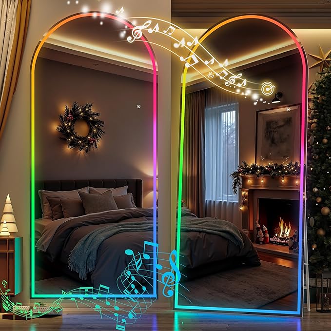 Hasipu 94.4" x 39.3" Arch LED RGB Bluetooth Full Length Mirror with Stand ＆ 7 Color Lighting Modes, Full Body Mirror with White Frame for Bedroom, Living Room, Dressing Room