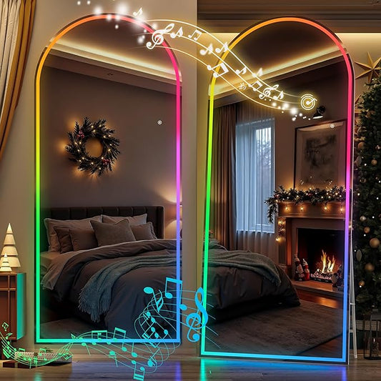 Hasipu 94.4" x 39.3" Arch LED RGB Bluetooth Full Length Mirror with Stand ＆ 7 Color Lighting Modes, Full Body Mirror with White Frame for Bedroom, Living Room, Dressing Room