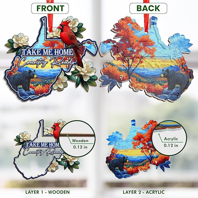 FLAGWIX West Virginia Gifts for Women Men - Suncatcher West Virginia Christmas Ornaments 2025 - Rhododendron Flower and Cardinal Christmas Decorations, State Cardinal Christmas Ornaments for Tree