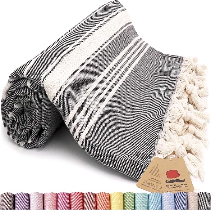 Bazaar Anatolia Turkish Beach Towel – 100% Cotton, Quick Dry, Sand Free Towel for Bathroom, Yoga, Restorative Practice – Oversized 71x39 Inches – Stripe Black