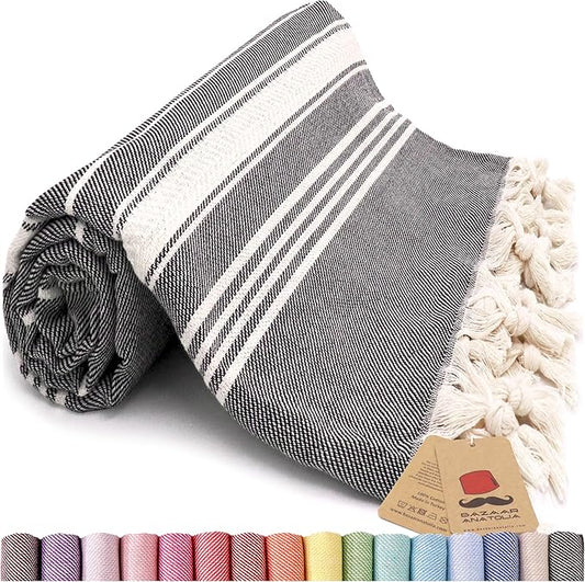 Bazaar Anatolia Turkish Beach Towel – 100% Cotton, Quick Dry, Sand Free Towel for Bathroom, Yoga, Restorative Practice – Oversized 71x39 Inches – Stripe Black
