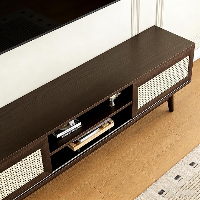 65" TV Stand with Open Shelf & Generous Storage, Rattan-Door Sideboard for TVs up to 75 Inch, Modern Accent Cabinet for Living Room, Dark Walnut