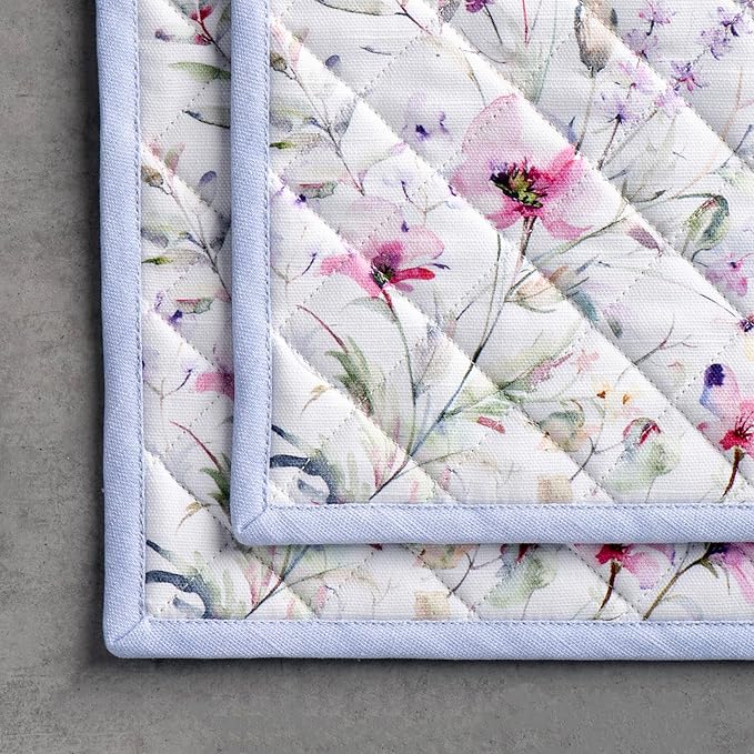 Maison d' Hermine Pot Holders Set 100% Cotton Heat Resistant Potholders 8" x 8" Hot Pads with Loop BBQ, Cooking, Baking, Grilling, Kitchen, Handling Hot Pans Spring/Summer (Pack of 2, Summer Floral)