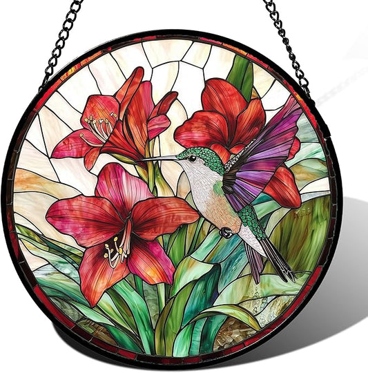 Stained Glass Window Hanging - Hummingbird On Red Lily Flower Sun Catcher for Door Garden Decor Suncatcher Christmas Mother's Day Birthday Gifts for Bird Lovers Women Men Mom Nana 15 in
