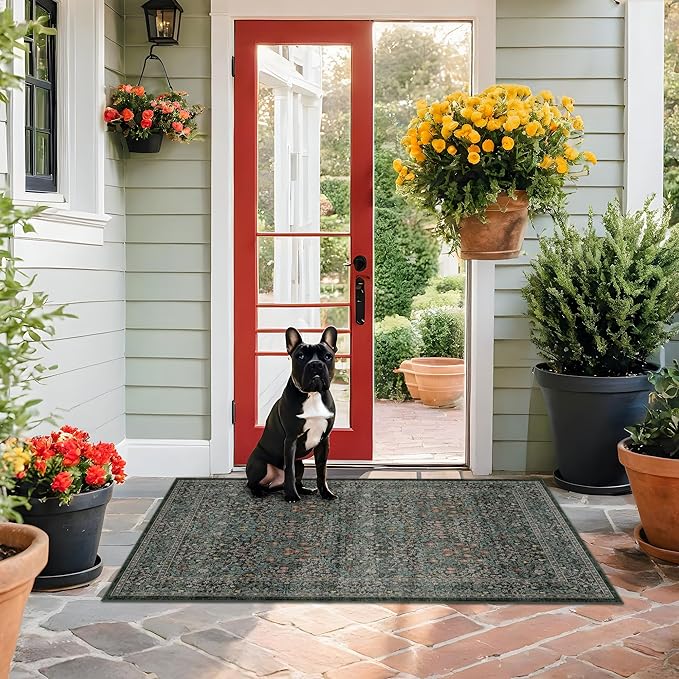 Vintage Floral Dark Green 3x5 Area Rugs for Entryway, Kitchen, Bedroom Beside Rug, Laundry Room, Non-Slip Low Pile Ultra Soft Stain Resistant Small Carpet