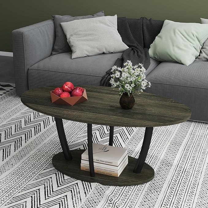Manora Rustic Small Oval Coffee Table for Living Room, Narrow Wood Center Table with Shelf, Retro Style Coffee Table with Curved Metal Legs, Stable and Easy Assembly, Gray