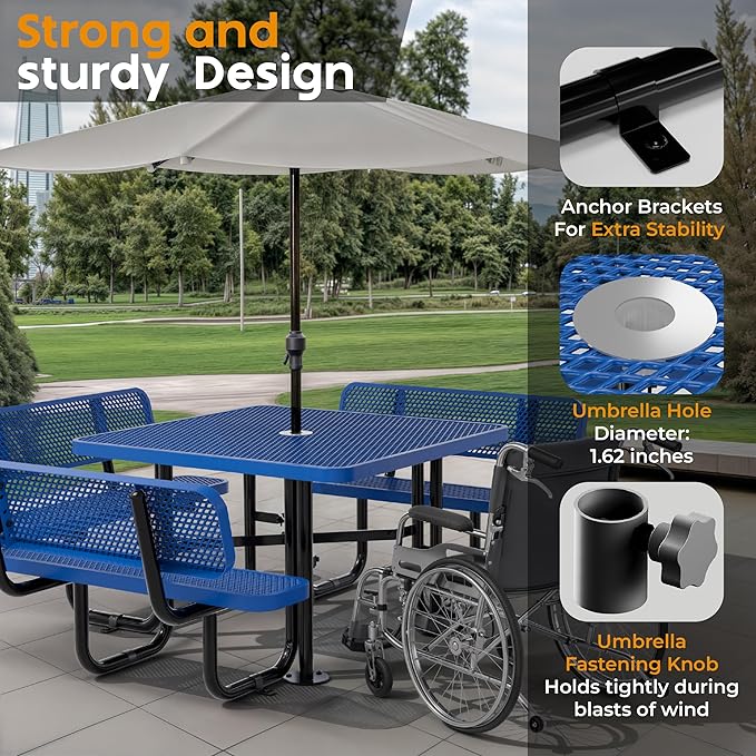 Metal Picnic Tables for Outdoors with Umbrella Hole - Coated Steel Heavy Duty Commercial Grade Furniture with Adjustable Seats (Blue, 46 in, Square with Back, Expanded Steel)