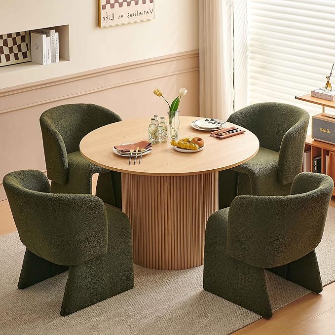 Upholstered Dining Chair Green Set of 4,Stylish Accent Barrel Side Chairs Cozy Single Sofa Chair Teddy Velvet Comfortable Armchair for Bedroom Reading Room Waiting Room Kitchen Dining Room