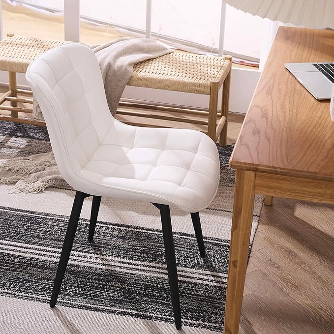 YOUTASTE White Dining Chairs Set of 2, Faux Leather Upholstered Armless Chairs with Back and Black Metal Legs, Mid Century Modern Kitchen Chairs for Living Room, Vanity, or Guest Reception Room