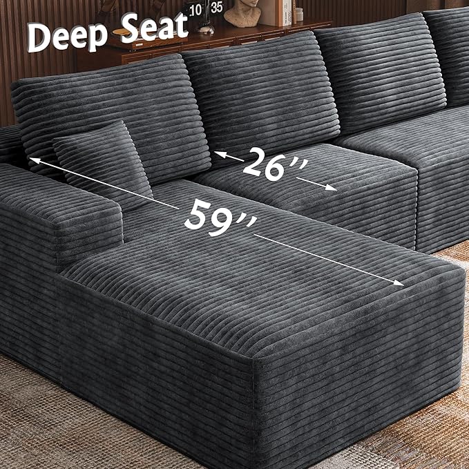 3-Piece Boneless Modular Sectional Sofa, Cloud Couch with Left Facing Chaise, Oversized Deep Seat, Soft Corduroy Fabric, Sectional Couch for Living Room-Grey