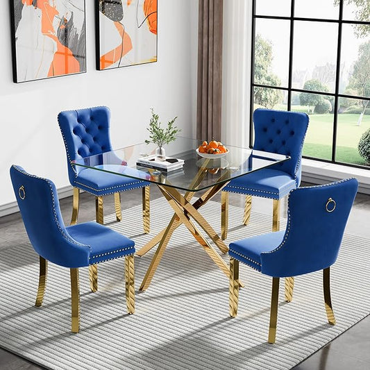Goujxcy 5 Piece Glass Dining Table Set Modern Small Glass Dining Table Set for 4, 35.43" Square Kitchen Table and 4 Velvet Upholstered Chairs for Kitchen Dining Room, Gold & Blue