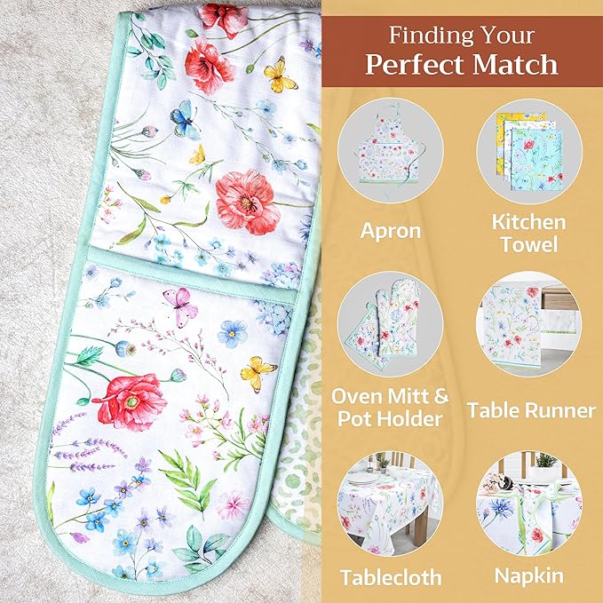 Maison d' Hermine Double Oven Mitts 100% Cotton 7"x35" Double Oven Mitt Heat Resistant BBQ Cooking Gloves with Loop, Baking, Grilling, Home, Kitchen, Handling Hot Pans Spring Summer (Just Floral).