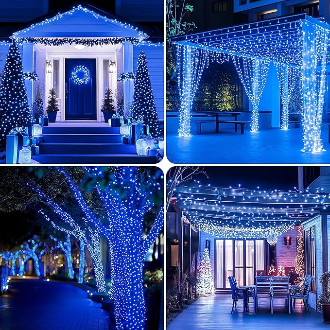 Kwaiffeo Blue Christmas Lights, 100FT 300LED String Light Outdoor Indoor, 8 Modes Connectable Blue Lights for Christmas Halloween Decorations Outside, Fairy Light for Party Yard Tree Decor