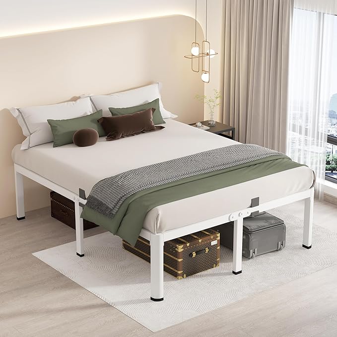 MAF 18 Inch California King Bed Frame White with Round Corner Legs Mattress Slide Stopper No Box Spring Needed Heavy Duty Metal Platform Bed Frames, 3000 LBS Steel Slats Support
