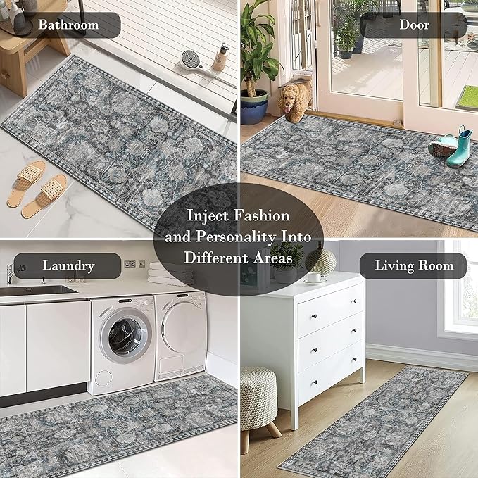 RUGSURE Washable Area Rugs - Perfect for Living Room, Bedroom, Kids Room, Nursery - Stain & Water Resistant Non-Slip, Pet & Child Friendly, Vintage Tribal Area Rugs (Grey and Bule, 2'6'' x 8')