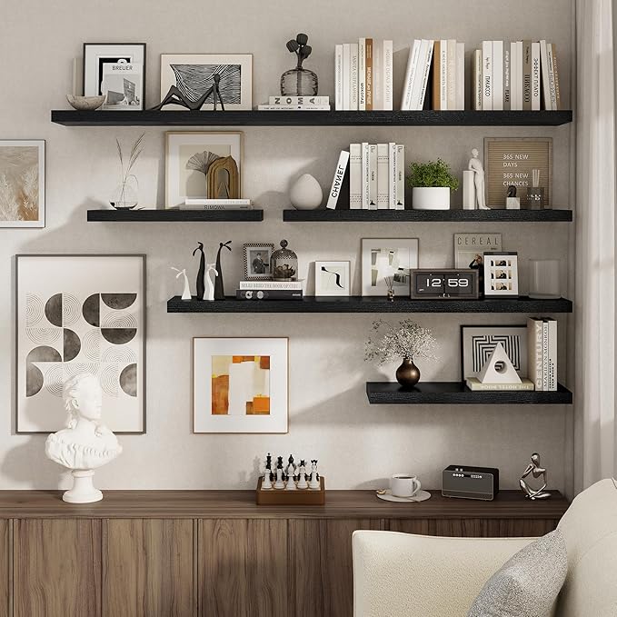 Black Floating Shelves for Wall, 27.5 Inch Bathroom Shelves Set of 2, Rustic Wood Wall Shelf with Invisible Brackets for Books|Storage|Decor, 8 Inch Deep Floating Shelf for Bedroom|Kitchen