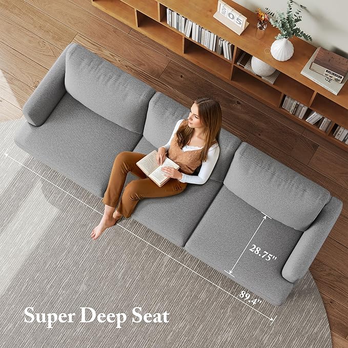 3 Seater Sofa Couch with Deep Seats, 89" Mid Century Modern Upholstered Sofa with Armrests, Comfy Couches for Living Room, Bedroom and Office, Linen Fabric Apartment Couch (Linen Grey)