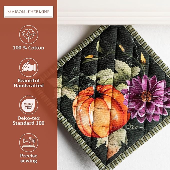 Maison d' Hermine Pot Holders Set 100% Cotton Heat Resistant Potholders 8" x 8" Hot Pads with Loop for Thanksgiving Christmas Decorations Handling Hot Pans (Pack of 2, Pumpkin Garden - Dark Green)