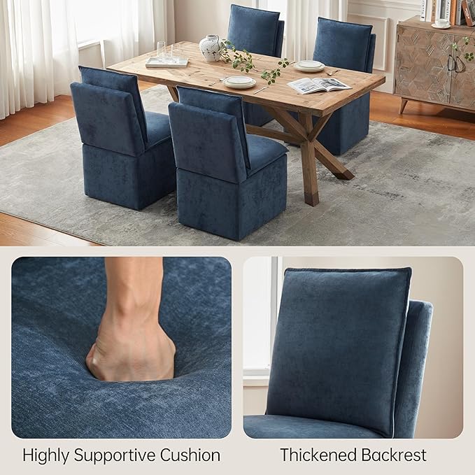 VKNOW Upholstered Dining Chairs Set of 4, Modern Rolling Chairs with Storage and Wheels, Linen Armless Chair with Cushion and Backrest, Dining Room Chairs for Living Room Kitchen Bedroom, Nav