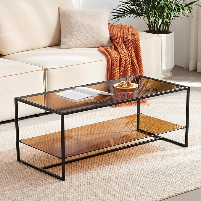 Shrine Brown Glass Coffee Table, Modern Design, Dual-Layer Coffee Table for Living Room, Black Metal Frame, Brown Glass Top