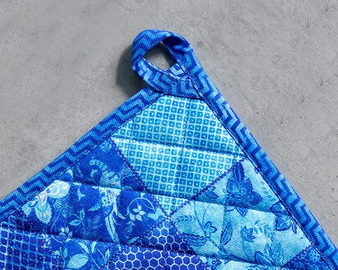 Maison d' Hermine Pot Holders 100% Cotton Heat Resistant Potholders 8" x 8" Hot Pads with Loop BBQ, Cooking, Baking, Grilling, Kitchen, Handling Hot Pans Spring/Summer (Pack of 1, Indigo Love)