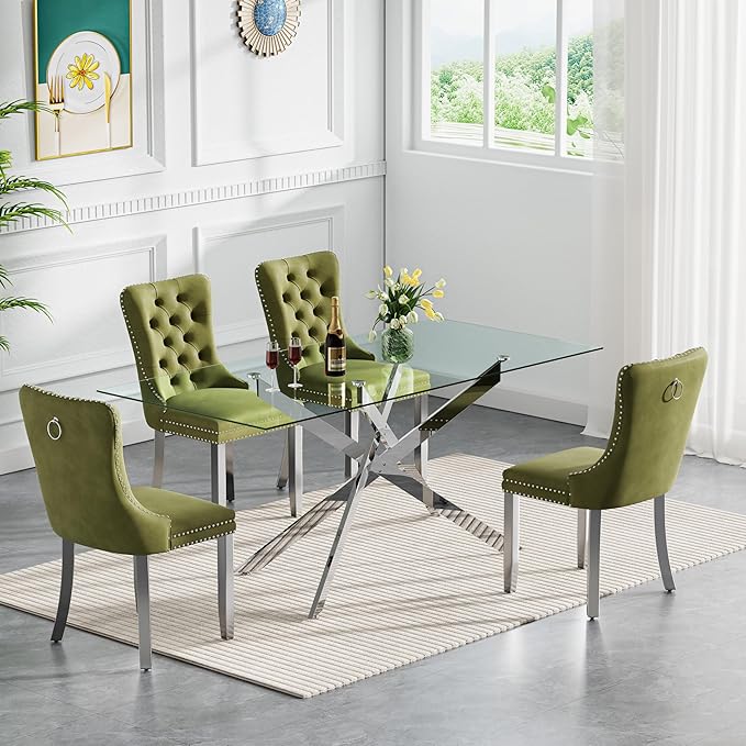 Goujxcy Glass Dining Table Set for 4, Modern Kitchen Table and Chairs Set of 4, 5-Piece Kitchen Dining Room Table Set w/61 Glass Silver Dining Table and 4 Green Velvet Upholstered Chairs